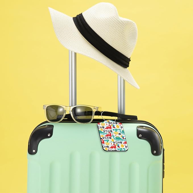 2 Pack Luggage Tags for Suitcase,PU Leather Travel Cruise Luggage Tag with Privacy Cover,Name ID Label and Steel Ring,Travel Essentials for Women Men (Dinosaur with Palms)