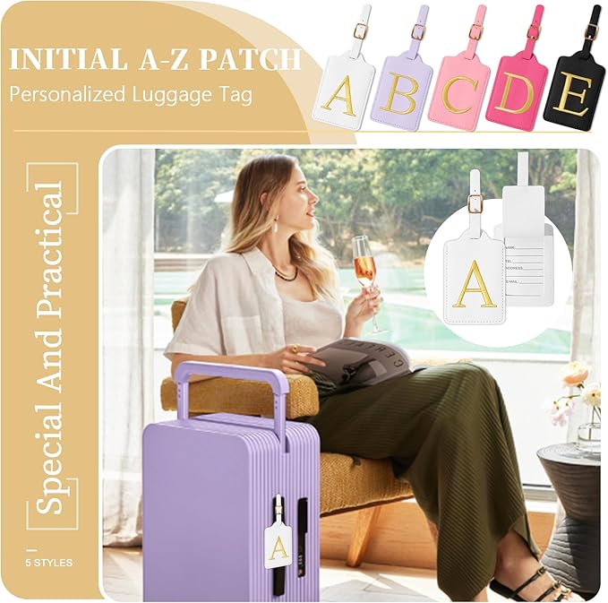 Personalized Initial Luggage Tags for Suitcase TSA Approved, White Leather Cute Luggage Tag with Privacy Cover Name Card, Embroidered Custom Luggage Tags Travel Baggage Tags Gifts for Women Kids(A)