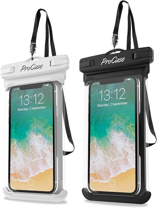 ProCase 2 Pack Waterproof Phone Pouch, Underwater Phone Case Up to 7", Dry Bag for iPhone 17 Air 16 15 14 13 Pro Plus Max, Galaxy S24 S23 S22 Ultra Pixel, Beach Essentials -White & Black