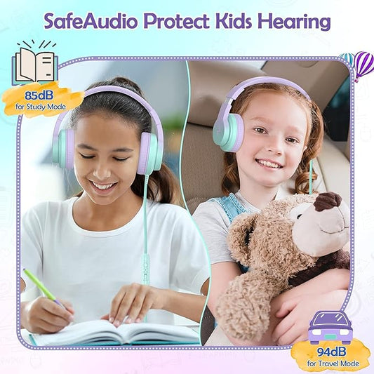 Kids Headphones, Wired Headphones for Kids Over Ear with Microphone, 85/94dB Volume Limiter Headphone for Girls Boys, Foldable Headphone for Learning & Entertainment,Gradient Purple