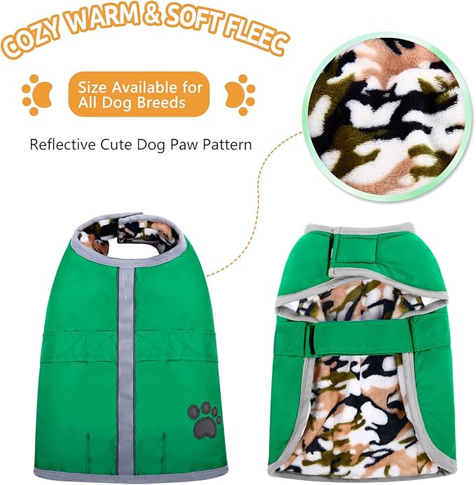 Queenmore Dog Winter Coat, Cold Weather Fleece Jacket for Dogs, Waterproof Reflective Reversible, for Small, Medium and Large Dogs (Green, L)
