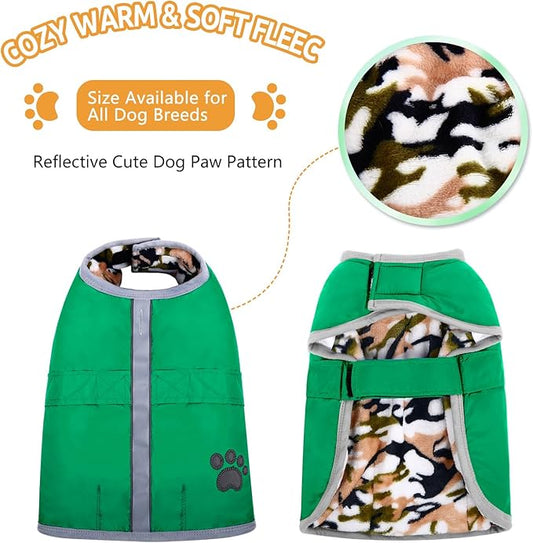 Queenmore Dog Winter Coat, Cold Weather Fleece Jacket for Dogs, Waterproof Reflective Reversible, for Small, Medium and Large Dogs (Green, L)