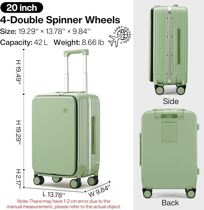 mixi Carry On Luggage with Cup Phone Holder and Charger Hard Shell Suitcases with Spinner Wheels, 20 Inch Avocado Green