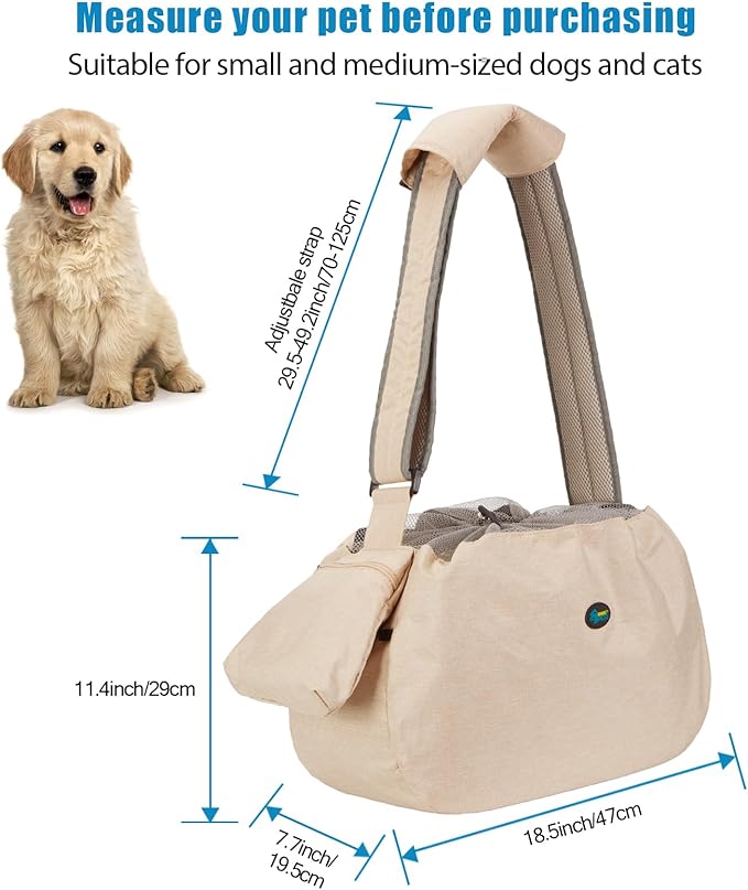 Ownpets Pet Sling Carrier, Fits 15 to 25lbs Extra-Large Dog/Cat Sling Carrier Reversible and Hands-Free Dog Bag with Adjustable Strap and Pocket Shoulder Pad, Beige