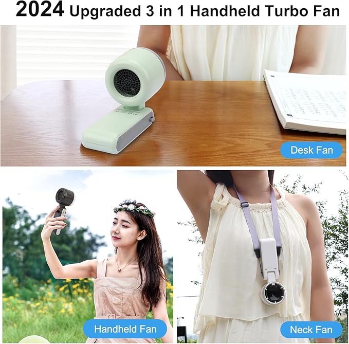 Handheld Turbo Fan, 3600mAh Battery Operated Fan with LED Display, Mini Portable Fans, 180°Adjustable, 5 Speeds, Handheld/Neck/Desk 3 in 1 Personal Hand Fans for Indoor Outdoor black