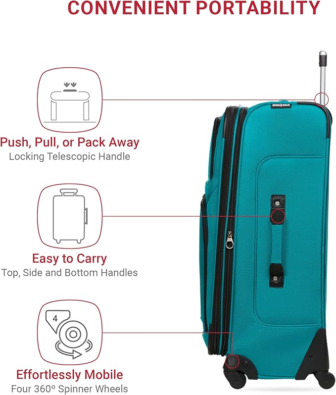 SwissGear Sion Softside Expandable Luggage – Medium Checked Suitcase with 360 Degree Wheels & Retractable Handle – 25 Inch, Perfect for 1-7 Night Trips – Teal
