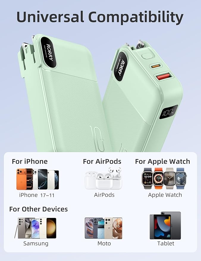 RORRY Portable Charger Built in Cables, AC Wall Plug In Portable Charger Power Bank 10000mAh Travel Battery Pack 22.5W Fast Charging for iPhone 17/16/15 Samsung Galaxy S24/S23/S22 Pixel LG iPad, Green