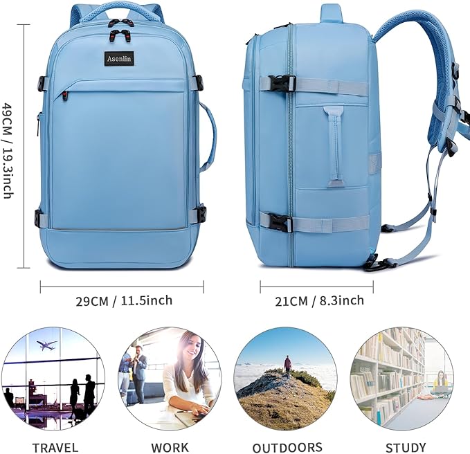 Asenlin 40L Travel Backpack for Women Men，17 Inch Laptop Backpack Flight Approved Luggage Carry On Water Resistant for Weekender Overnight Large Daypack Light Blue