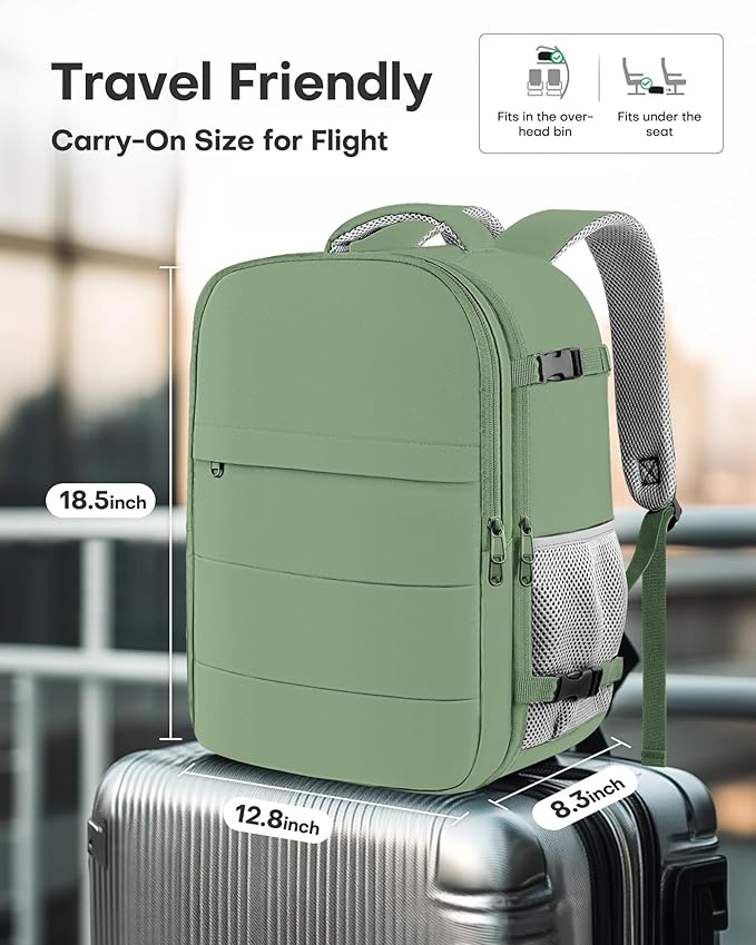 HOTOR Travel Backpack - Flight Approved Travel Bag for Men and Women, Carry on Luggage for 15.6" Laptop and Travel Essentials for Work, Business, Weekender, College 12.8"x8.3"x18.5", Green