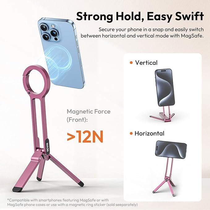 ULANZI MA30 Magnetic Phone Tripod Stand for iPhone - Aluminium Maglock Smartphone Mini Tripod Pocket Cell Phone Stand Strong Magnet Quick Mount Compatible with iPhone 17 16 15 14 13 12 Series, Pink