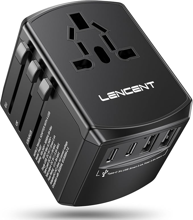 LENCENT Universal Travel Power Adapter, International AC Plug Adaptor with 2 USB C 2 USB A Ports Wall Charger Worldwide Travel Essentials for US to EU UK Ireland Australia (Type C/G/A/I) Black