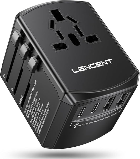 LENCENT Universal Travel Power Adapter, International AC Plug Adaptor with 2 USB C 2 USB A Ports Wall Charger Worldwide Travel Essentials for US to EU UK Ireland Australia (Type C/G/A/I) Black