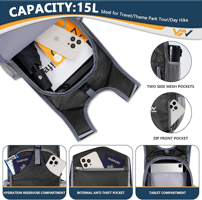 15L Foldable Hiking Backpack,Lightweight Packable Waterproof Machine Washable Daypack with Chest Strap,Small Folding Pack for Travel/Walking for Men&Women-0.52LB Black