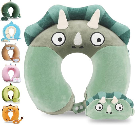 Sexysamba Cartoon Headrest & Neck Pillow for Kids Boys & Girls, Teens, Travel Accessories for Airplane, Car, Recline, Memory Foam Cute Travel Pillow with Sleep Eye Mask - Green Triceratops