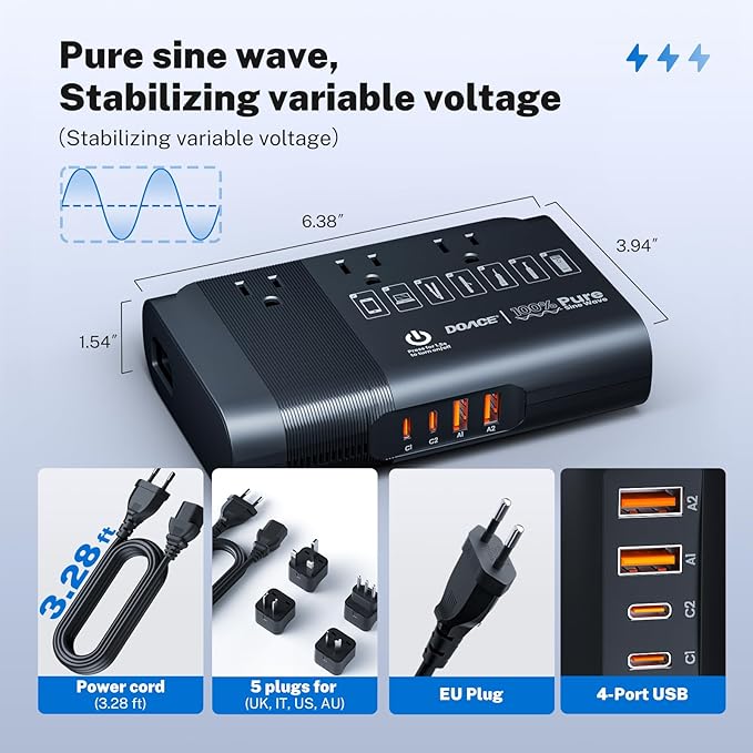 DOACE 500W Pure Sine Wave Voltage Converter, 220V to 110V European Travel Plug Adapter Converter, International Travel Transformer for US to Europe，UK, AU, EU, IT for Hair Straighteners Cameras