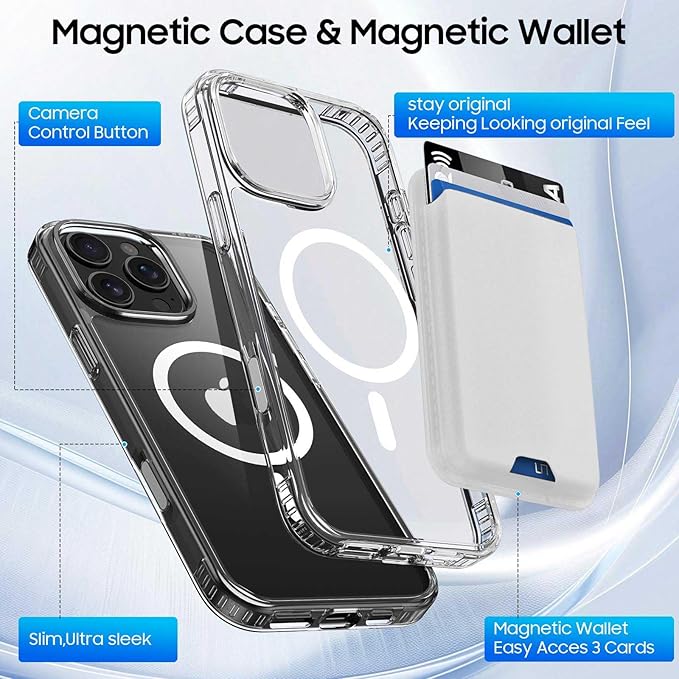 Ntwinro Magnetic for iPhone 16 Pro Max Clear Case (Compatible with MagSafe) with White Detachable Wallet & Card Holder for 3 Cards [RFID Blocking] Military Grade Protective Slim Phone Cover