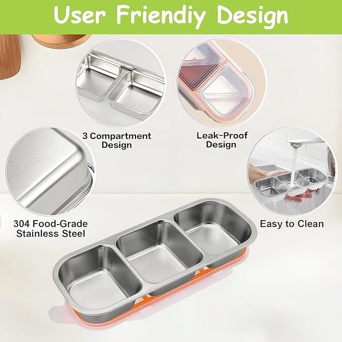 BSTUR 3 Pack Bento Box, Stainless Steel Snack Containers With Lids, Leak Proof Metal Lunch Box with 3 Compartments, Stackable Food Storage Container for Work, Travel, Dishwasher Safe