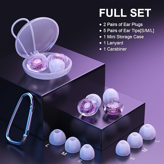Purple Silicone In-Ear Ear Plugs, 2 Pack High Fidelity Ear Plugs for Concerts, Raves, Work, Musicians, 5 Pair Ear Tips in S/M/L, 18-25 dB Noise Cancelling