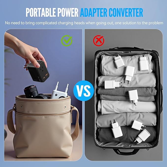 220V to 110V Voltage Converter US to Europe Travel, Adapter Plug Converter for European Travel with 20W PD & 2 USB-A & 2 USB-C Port, European Power Converter Combo USA to Spain Italy France (Black)