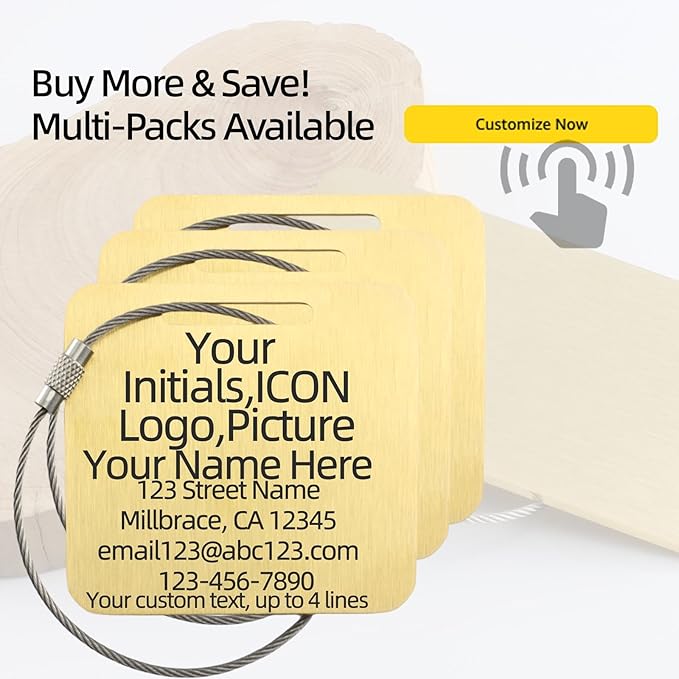 Sturdy and Durable Personalized Luggage Tags for Suitcases,Cruise Essentials Travel Tags for Luggage,Travel Bag Labels,Travel Essentials Heavy-Duty Stainless Steel Gold Square Suitcases Tags