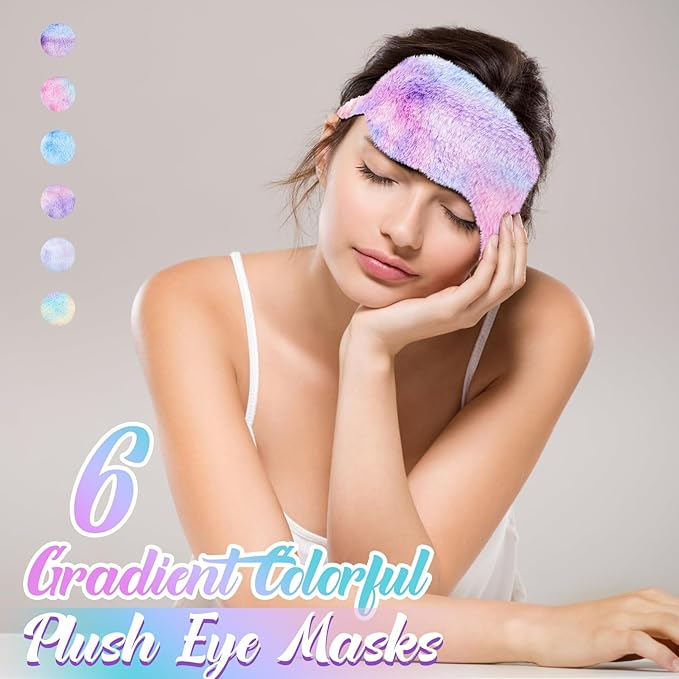 Cuffbow 6 Pcs Plush Sleep Eye Mask Silk Furry Eye Covers for Sleeping Cute Sleep Mask Fluffy Comfortable Sleeping Blindfold for Travel Sleepover Nap Party Supply Women(Tie Dye,Rainbow)