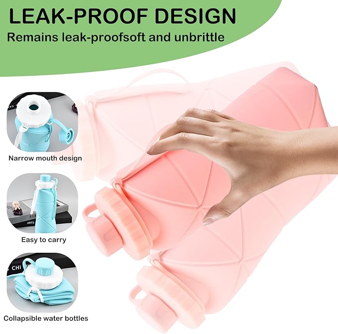 JINGYAN Collapsible Water Bottle 20oz, BPA-Free Silicone Foldable Design with Leak-Proof Lid & Lanyard - Portable Travel Water Bottle for Hiking, Gym, Camping (Pink)