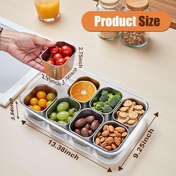 Snackle Box Container, 304 Stainless Steel Snack Containers, Portable Snacklebox for Veggie, Candy, Divided Serving Tray with Lid and Handle, 8 Compartment Fruit Platter for Party, Picnic, Travel