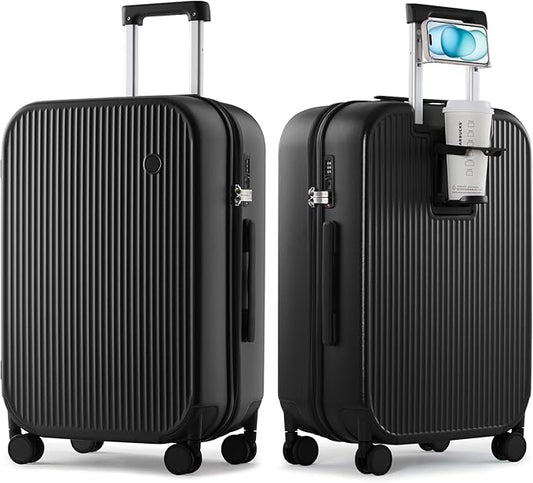mixi Checked Luggage with Cup Phone Holder Hard Shell Rolling Travel Suitcases with Spinner Wheels,24 Inch Black