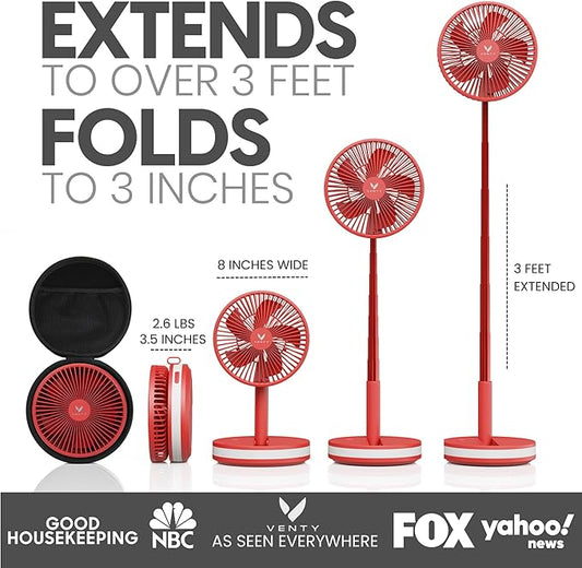 VENTY Portable Fan - Wireless Battery Operated Fan - 4 Speeds - LED Lighting - Carry Case & Remote Control - Cruise Travel - Outdoor Travel RV Power Bank With USB-C Port (Red with Case)