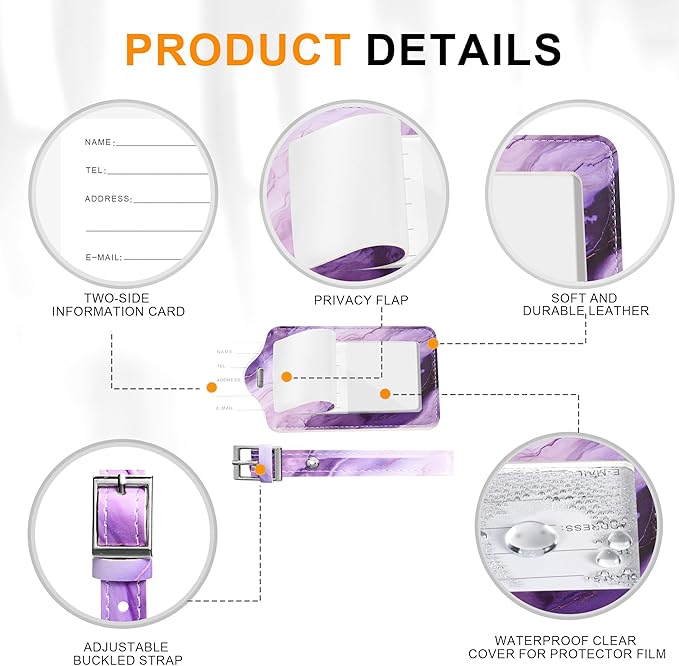 4 Pack Luggage Tag for Suitcases TSA Approved, Leather Suitcase Tags Identifiers, Cute Bag Name Travel Tags ID Labels for Women Men Cruise Airport Luggage Travel Essentials by Sodsay