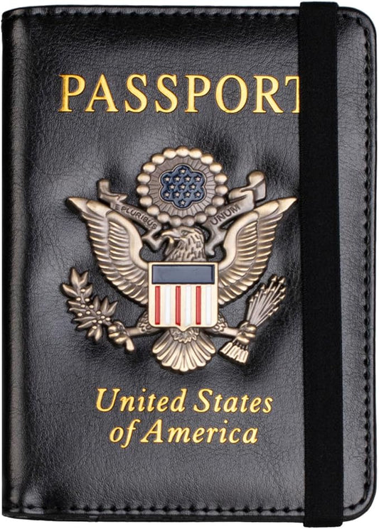 TOURSUIT RFID Blocking Passport Holder for Women Men, Leather Passport Travel Wallet with Metal 3D Metal Badge, Travel Document Holder Cover Accessories (Black)