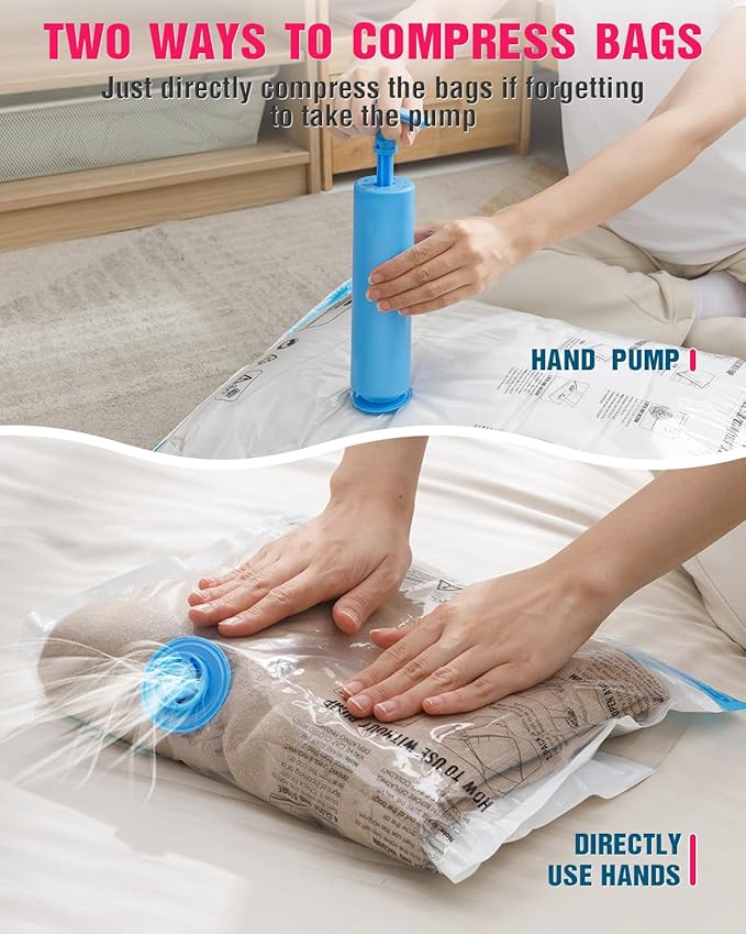 Travel Vacuum Storage Bags with Hand Pump, 8 Pack (4S+4XS) Vacuum Seal Bag Travel Essentials Space Saving Bags for Clothes, Luggage, Carry-on Suitcase, Backpack, Holiday Business Trip