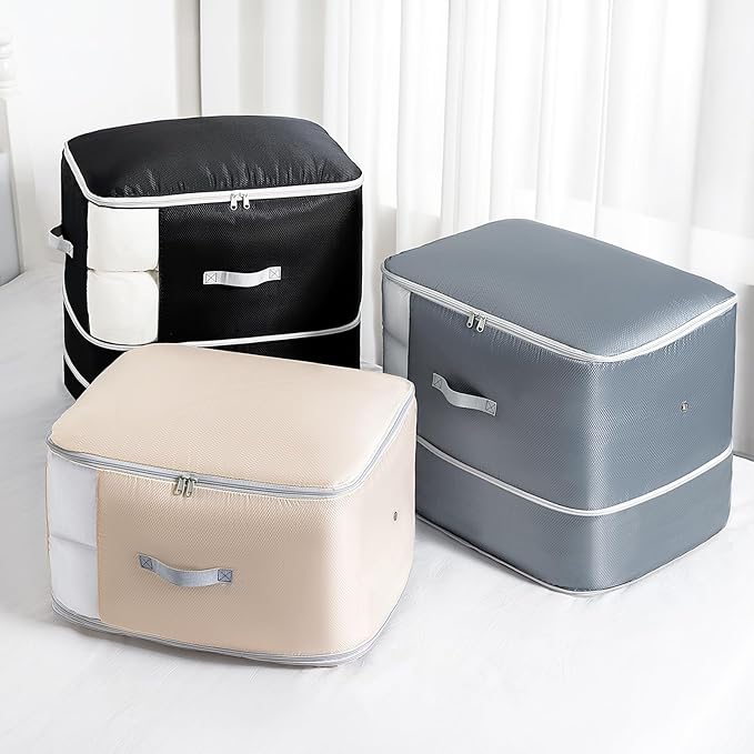 Comforter Storage Bag - 130L Large Capacity Blanket Storage Bags 3-Layer Ultra Space Saving Self Compression Organizer, Washable Compression Bags for Storage Comforter Blanket, 4-Pack, Grey