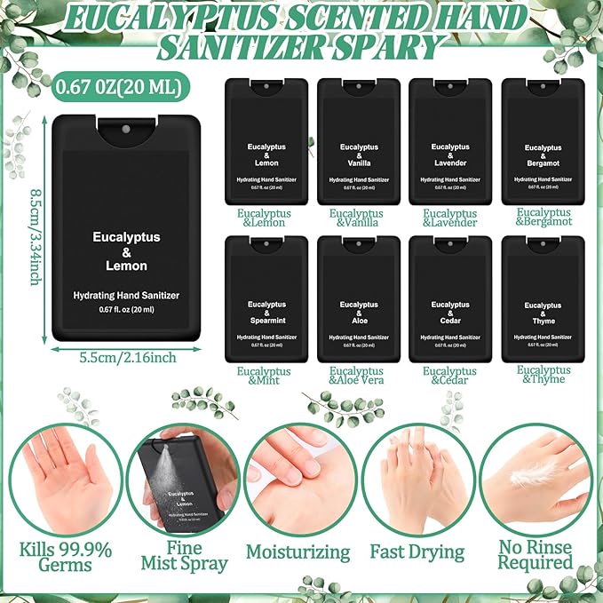 24 Pcs Hand Sanitizer Spray Bulk Eucalyptus Travel Size Hand Sanitizer Spray Mini Hydrating for Cleans Hands Coworker Staff Teacher Pocket Gifts