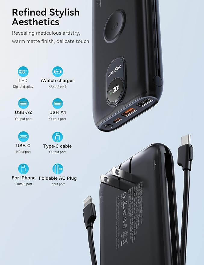 Portable Charger, 10000mAh 22.5W Fast Charging Power Bank with Built in Cable & Wall Plug, Travel Essential Battery Pack with LED Display, External Charger for iPhone, iWatch 11/10/9/8/Ultra/SE Black