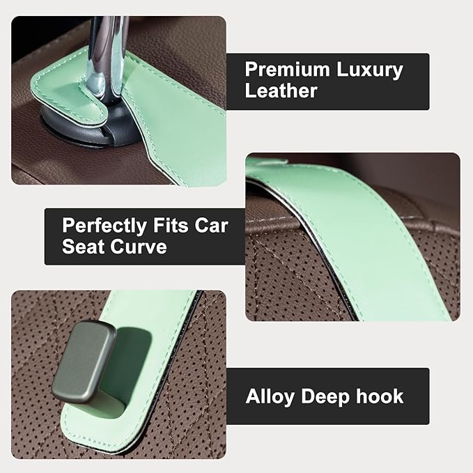CoBak Headrest Hooks for Car - Universal Premium Stitched Leather and Aluminum-Magnesium Alloy Single Car Seat Back Storage Hook for Purses, Handbags, Bags (2 Pack),Sage Green