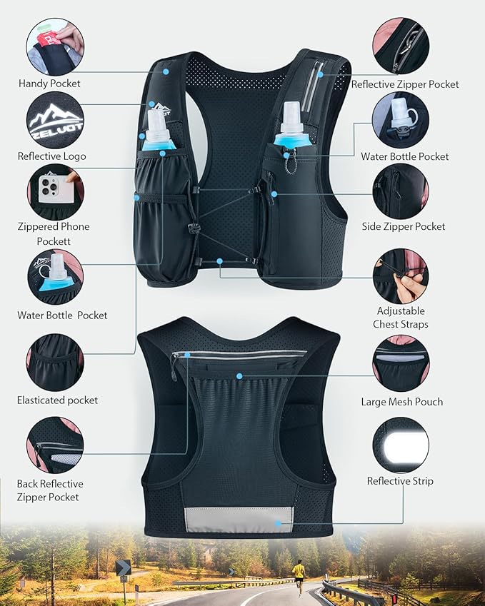 Running Vest for Women Men, USA Original Patent, Adjustable Chest Straps Running Hydration Vest with 500ml Soft Flask, Lightweight Reflective Hydration Backpack for Marathon