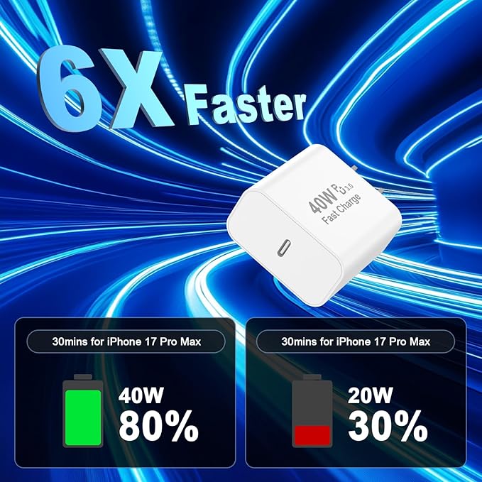 iPhone 17 16 15 Charger Fast Charging, 2 Pack 40W USB C iPhone 17 16 15 Pro Max Charger Block & 6FT Type C Charging Cable Cord for iPhone 17/Air/17 Pro/17 Pro Max/16/16 Pro/16 Pro Max/15/15 Pro Max