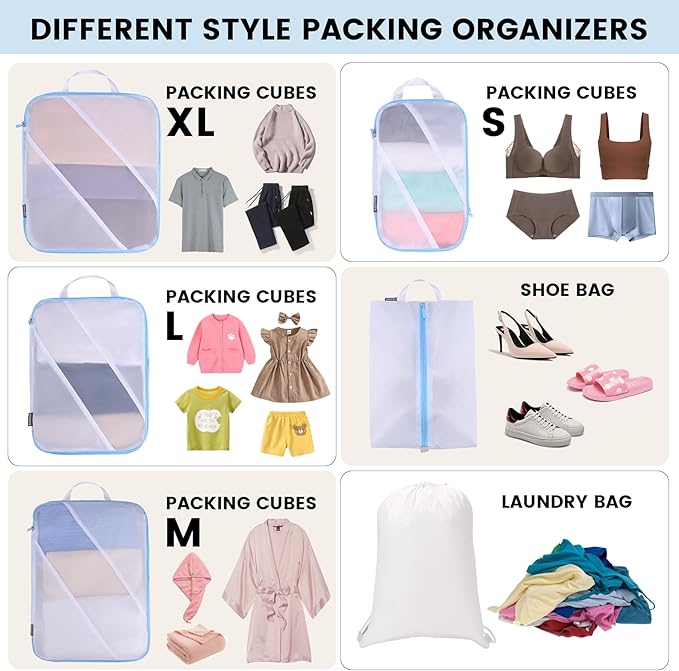 Lightweight Compression Packing Cubes for Suitcases, Compressible Expandable Travel Packing Organizer with Clear Toiletries and Backpack Bag, Travel Essentials for Carry on Luggage 7 Set