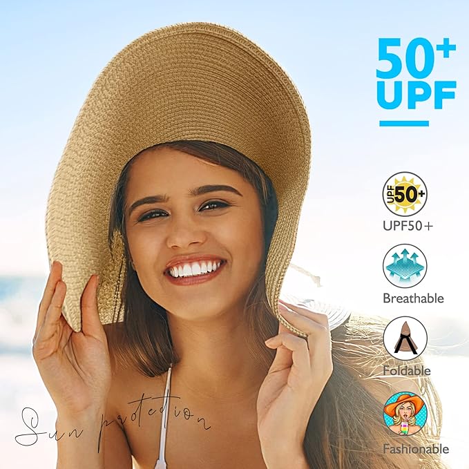 Beach Hats for Women, Foldable Sun Hat Womens UV Protection, Boho Wide Brim Hats for Women, Floppy Straw Visor Hat