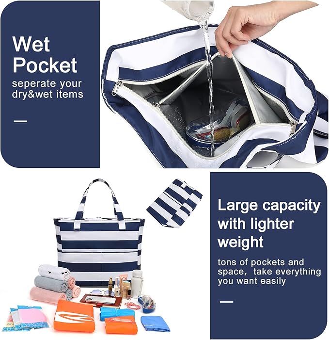 Beach Pool Bags Tote for Women Ladies Large Gym Tote Carry On Bag With Wet Compartment for Weekender Travel Waterproof