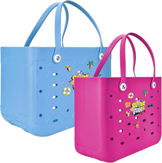 2-Piece Tote Bag Set, Waterproof Rubber Beach Bag with Summer Pattern, Medium & Large Handbag for Pool, Beach, Boat