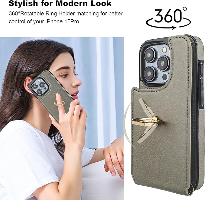 Folosu Compatible with iPhone 15 Pro Case Wallet with Card Holder, 360°Rotation Finger Ring Holder Kickstand, RFID Blocking Leather Protective Double Buttons Shockproof Cover 6.1 Inch Gray