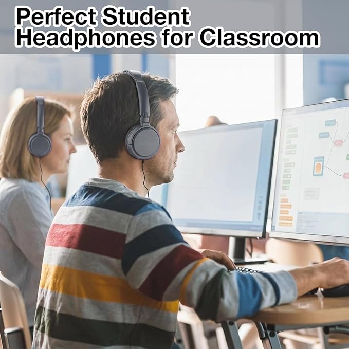 Yunsailing 18 Pack Classroom Headphones Bulk Student Wired Class Headphones Set for School with Individually Wrapped Adjustable Over Ear Head Earbuds (Gray)