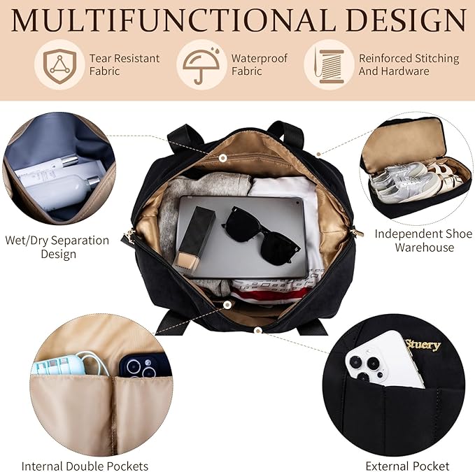 Weekender Bag, Large Travel Duffel Bag for Women, Carry on Overnight Bag with Shoe Compartment and Toiletry Bags