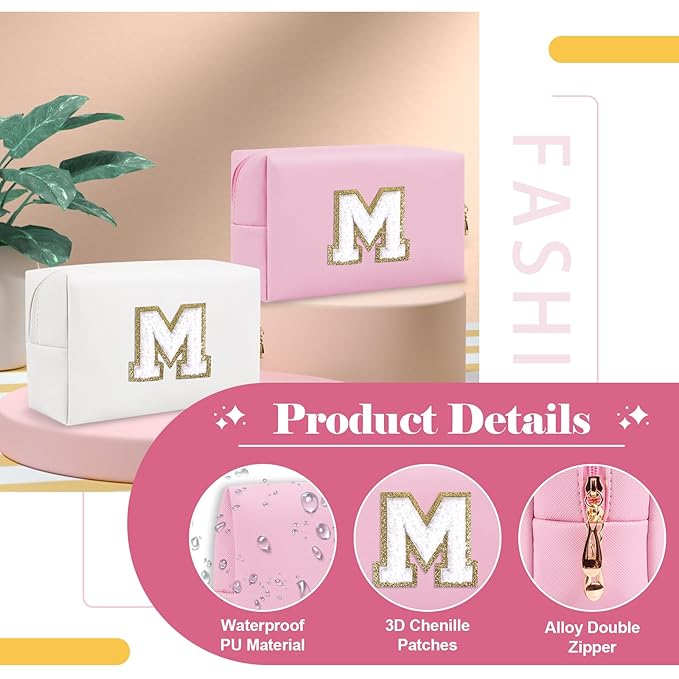 Personalized Initial A-Z Preppy Patch Makeup Bag,Small PU Chenille Letter Cosmetic Bag with Zipper for Teen Girls,Pink Cute Toiletry Organizer Bag,Monogram Makeup Case Gift for Women Girls,Letter M