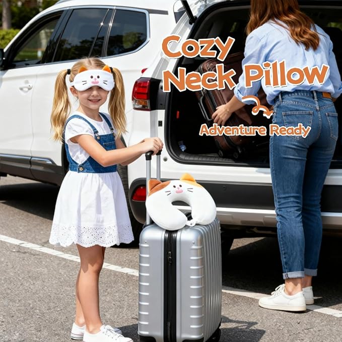 Kids Neck Pillow for Travel with Sleep Eye Mask, Cute Travel Neck Pillow, Memory Foam Flight Sleeping Headrest Pillow for Boys & Girls, Airplane, Train, Car, Home Use - Tricolor Cat
