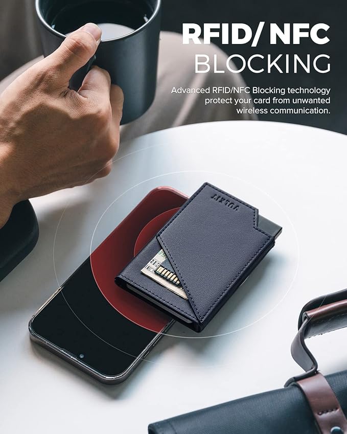 VULKIT Pop up Card Wallet RFID Blocking Slim Aluminum Metal Bank Card Holder Case with Business Money Pocket for Credit Cards Notes and Coins (Navy)