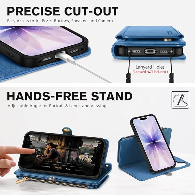 TUCCH Removable Crossbody Case Wallet for iPhone 17 (6.3-inch) 2025, Wireless Charging, RFID Blocking 9 Card Slots, Lanyard, Wrist Strap, Zipper Pocket, PU Leather, Stand Magnetic Cover, Light Blue