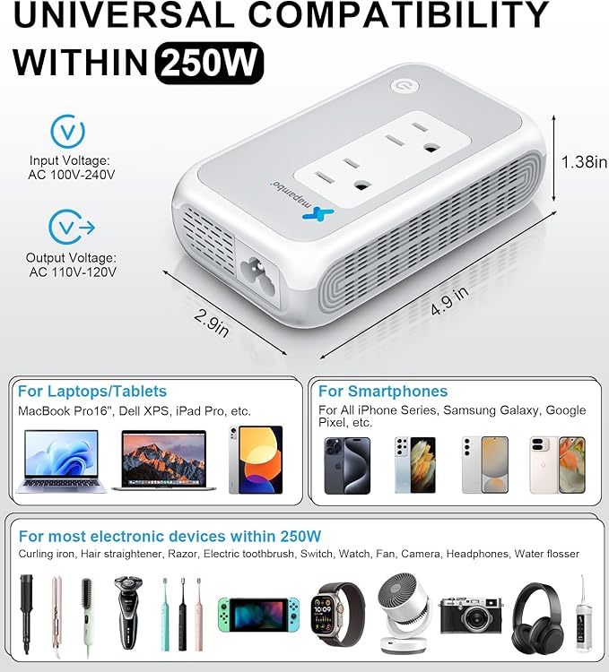 220V to 110V Voltage Converter, Mapambo 250W European Converter, Step Down Voltage Converter US to Europe, Travel Converter for Curling Iron, Straightener – 2 AC Sockets with 2 USB A & 2 USB C Ports